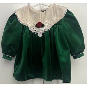 Vintage Thomas Baby Girl Green Velour Dress Satin Lace Collar Size 6 Months